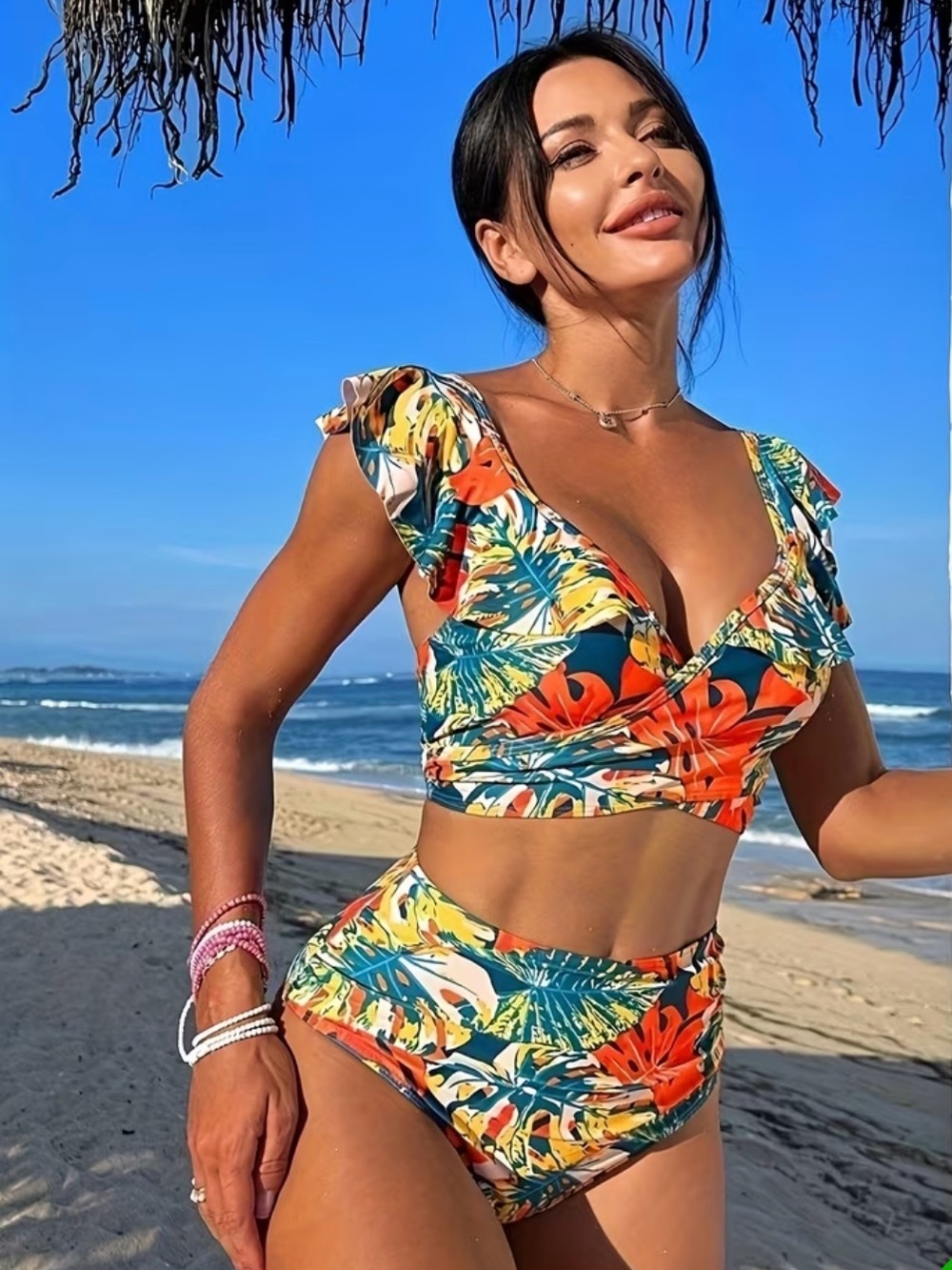 Tropical Floral Ruffle High-Waist Bikini - Orange & Blue - Picture 3 of 6